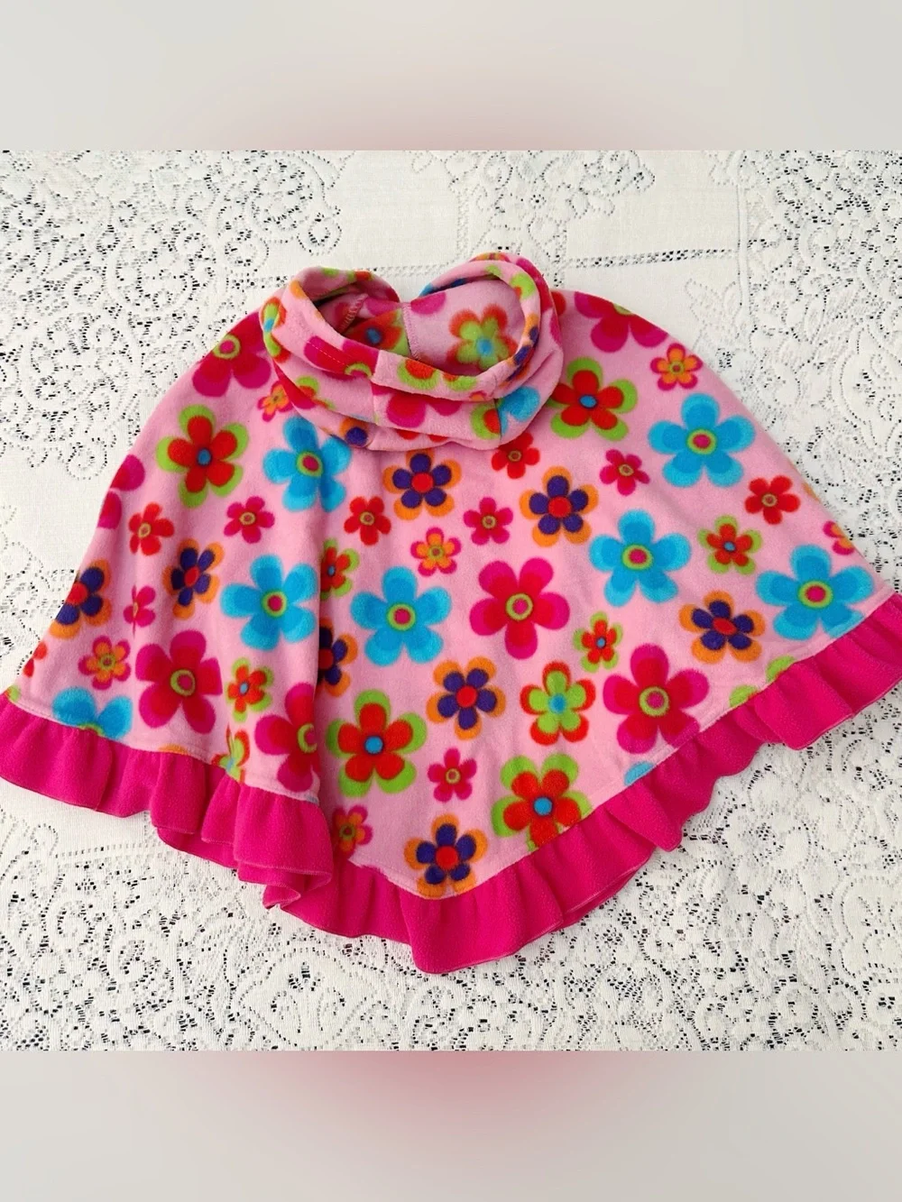 Pink Floral Girls Size 5 / 6 Poncho Fleece Hooded Colorful Multicolor Mack & Co